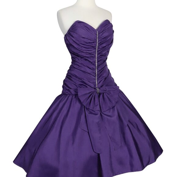 Vintage 80s Purple Taffeta Ruched Strapless Full Skirt Prom Gown Party Dress S - Picture 5 of 10